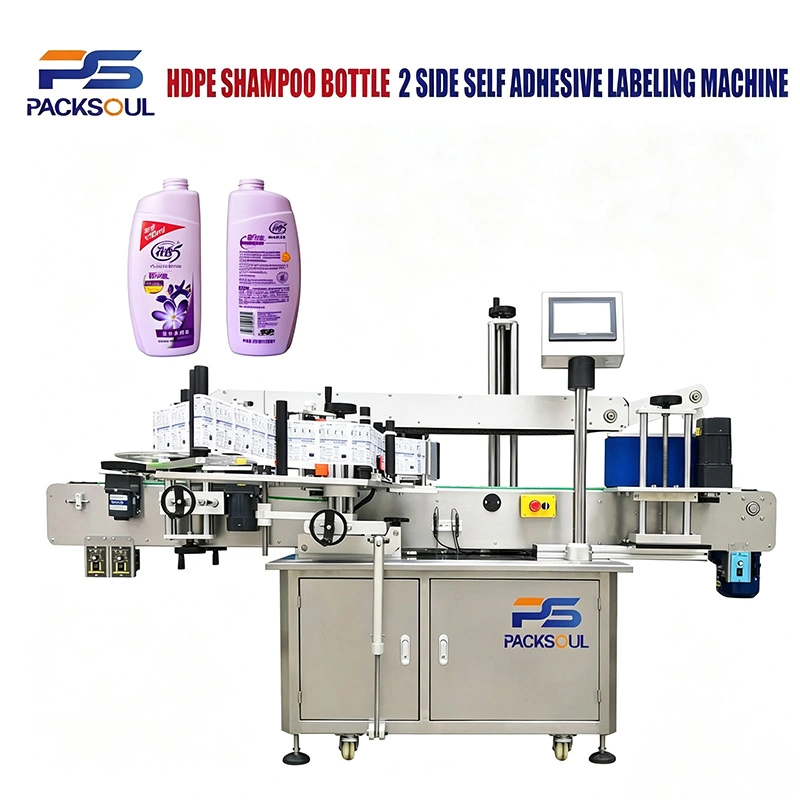 Máquina de rotulagem de dupla face para frascos de shampoo HDPE